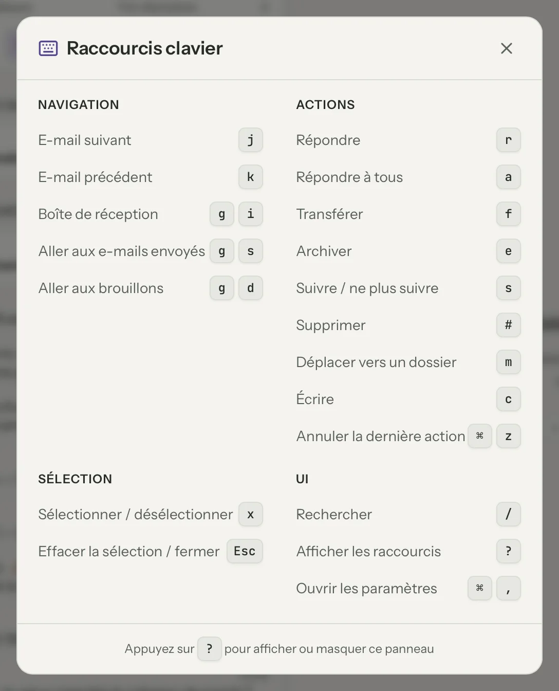 Raccourcis clavier dans MailVault, en gros plan