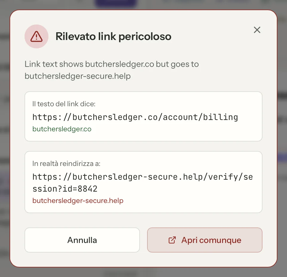 Sicurezza dei link in MailVault, primo piano