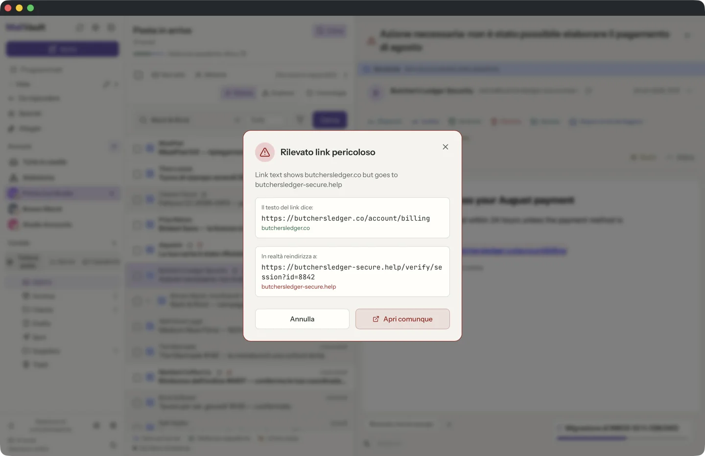 Finestra dei link sospetti di MailVault, con il testo del link a confronto con la destinazione reale · MailVault version 2.16.0