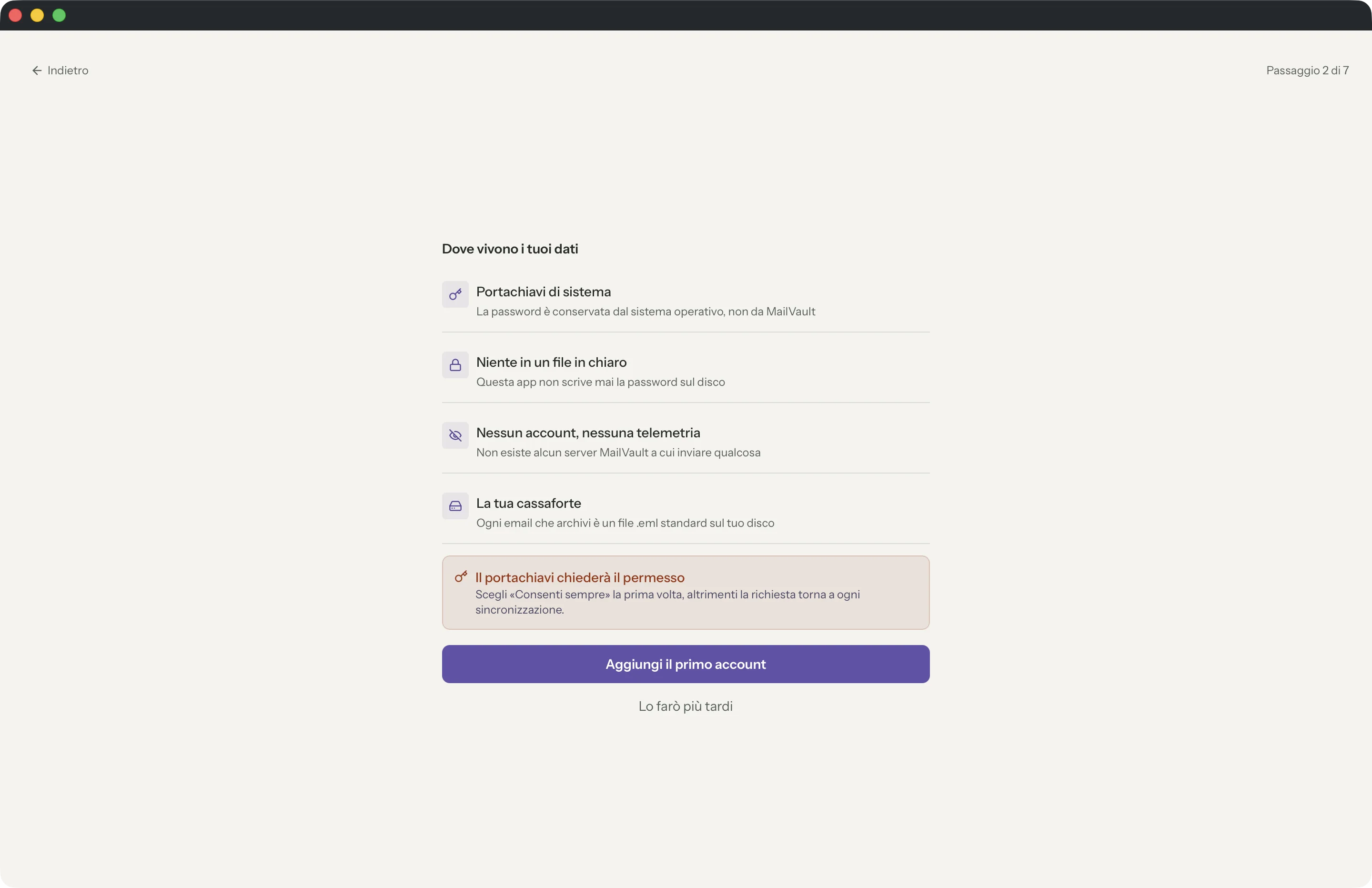 Nessun account MailVault nella finestra di MailVault