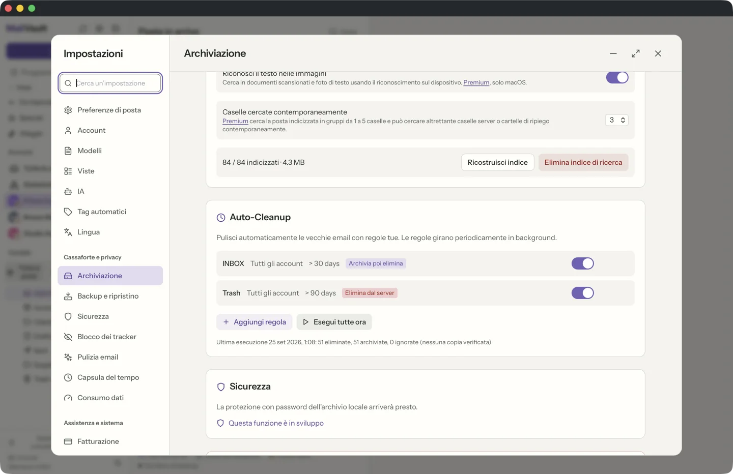 Regole di pulizia automatica in MailVault · MailVault version 2.16.0