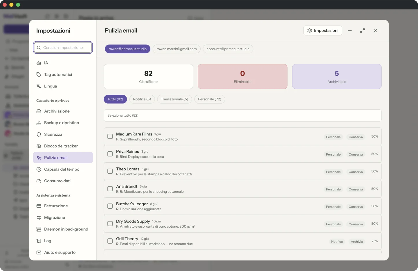 Pulizia email in MailVault · MailVault version 2.16.0
