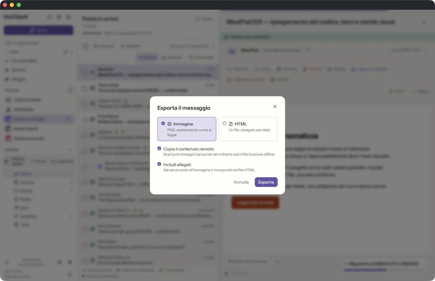 Esporta come immagine o HTML in MailVault · MailVault version 2.16.0