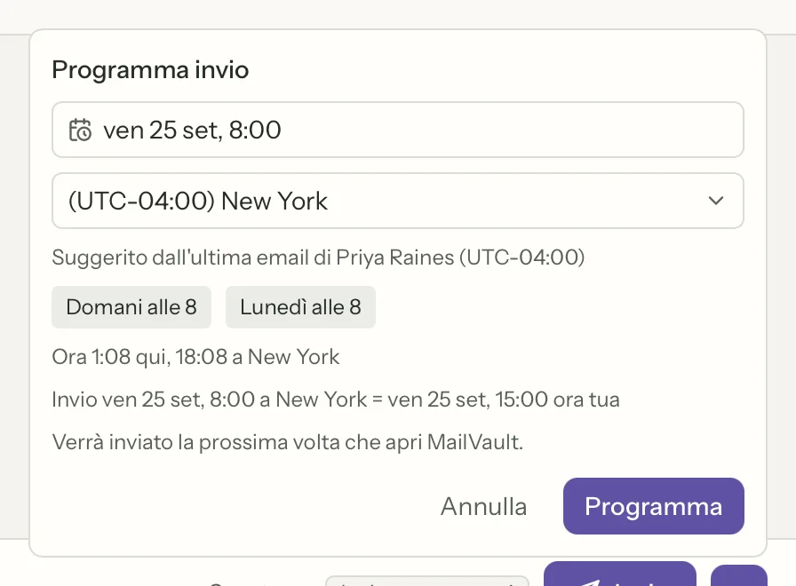 Invio programmato in MailVault, primo piano
