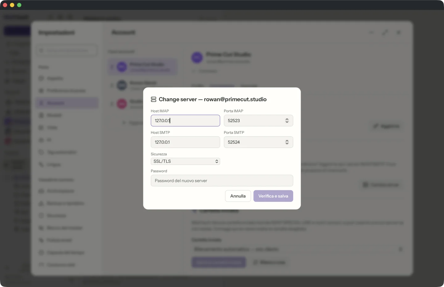 Cambio di server guidato in MailVault · MailVault version 2.16.0