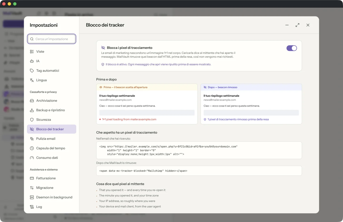 Rimozione tracker in MailVault · MailVault version 2.16.0