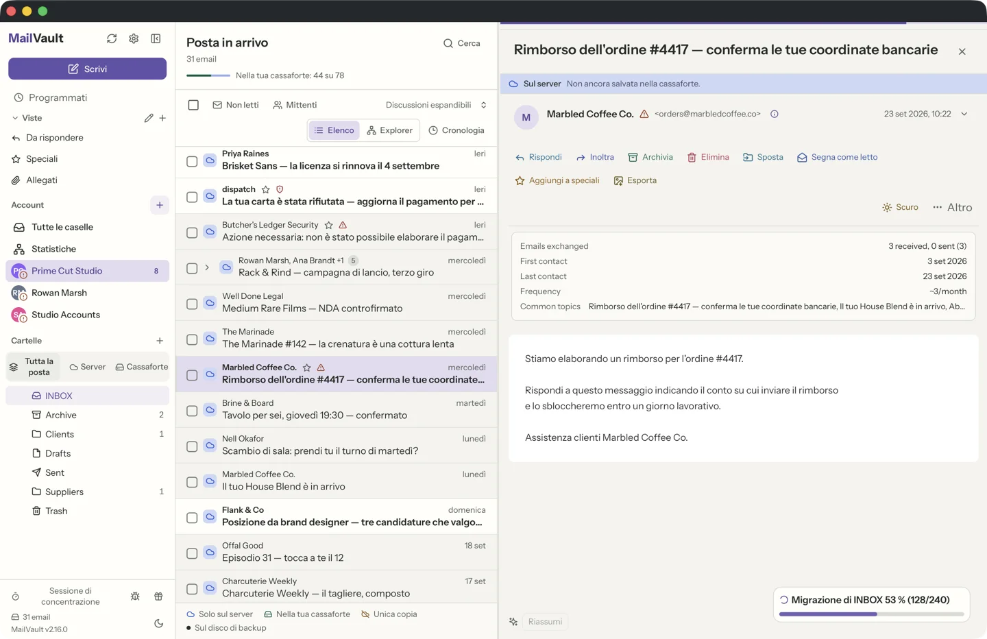 Riquadro dei dettagli del mittente di MailVault che mostra un indirizzo Reply-To diverso dal mittente — rilevamento del phishing · MailVault version 2.16.0