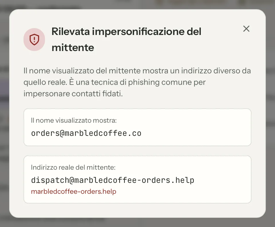 Verifica del mittente in MailVault, primo piano