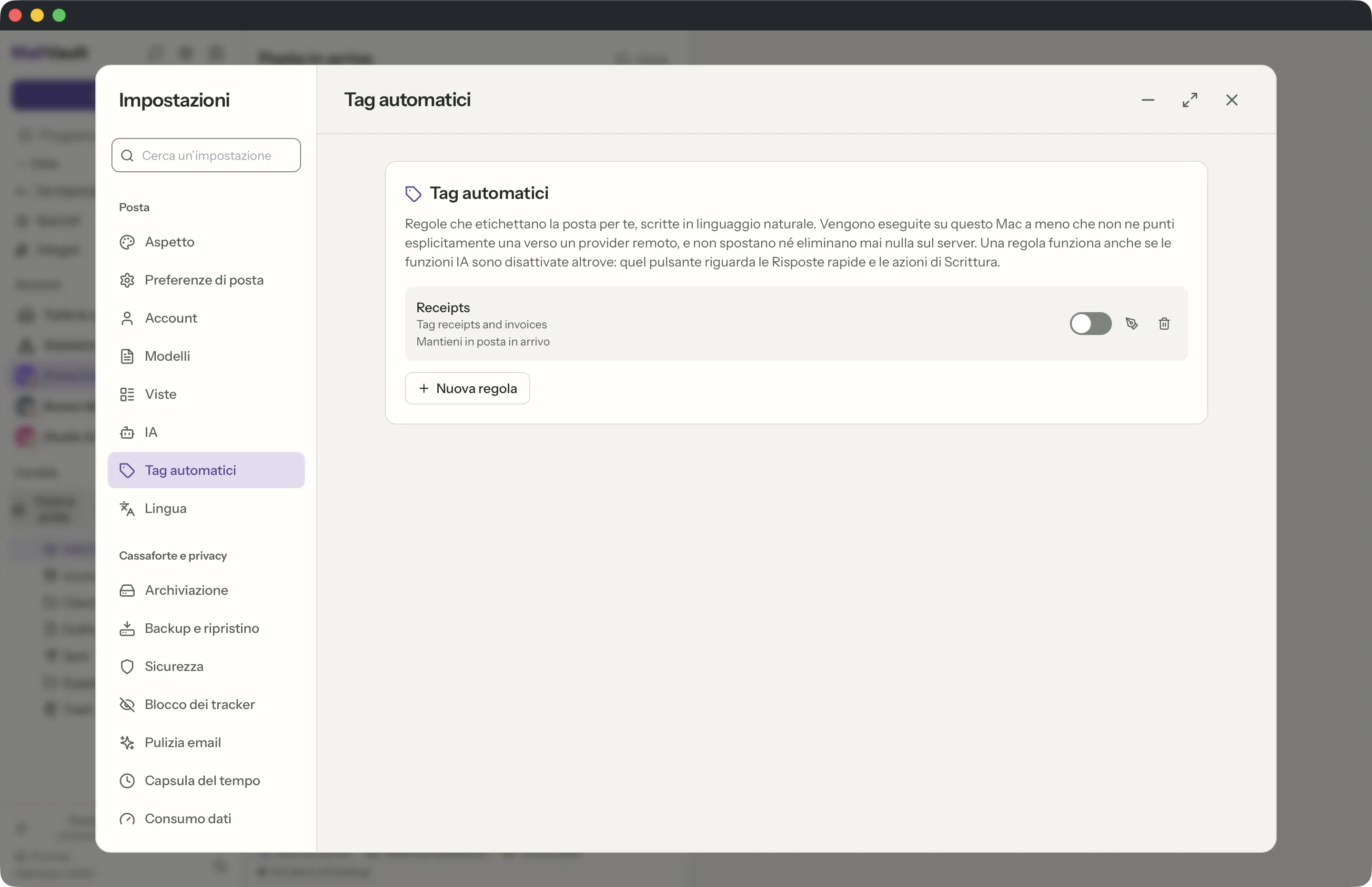 Regole di tagging nella finestra di MailVault
