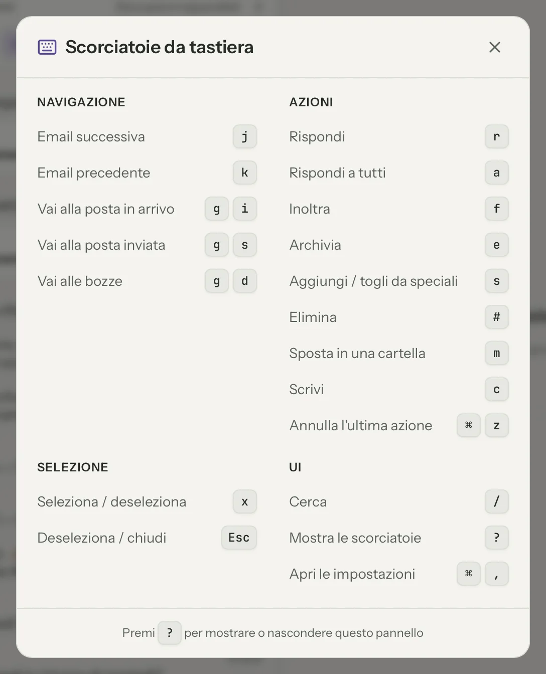Scorciatoie da tastiera in MailVault, primo piano