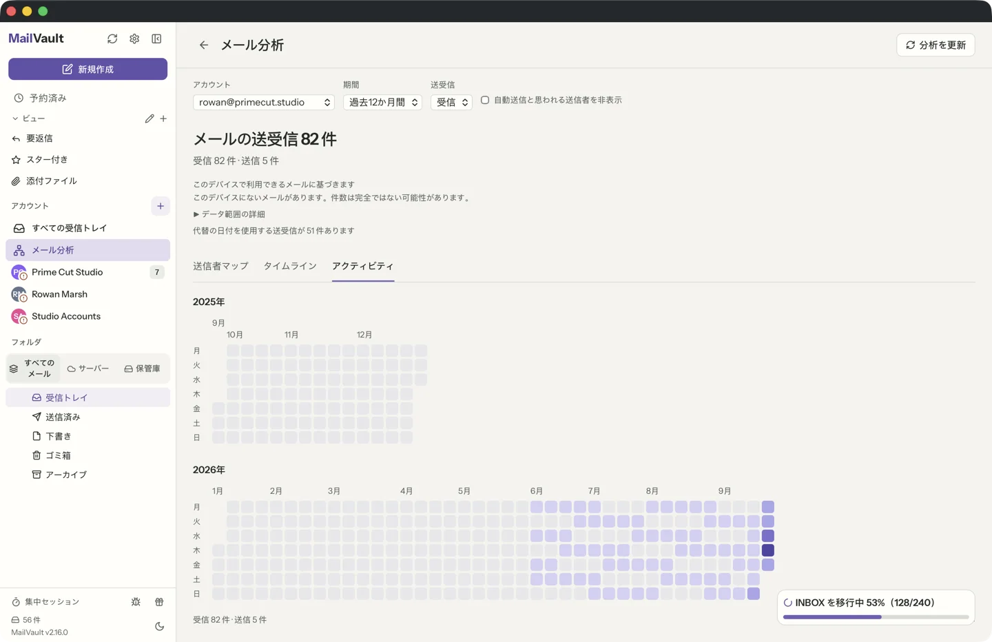 MailVault version 2.16.0 ja MailVaultのメール分析のアクティビティカレンダー。動いたメールの量に応じて濃淡のついた日のグリッド · MailVault version 2.16.0 ja