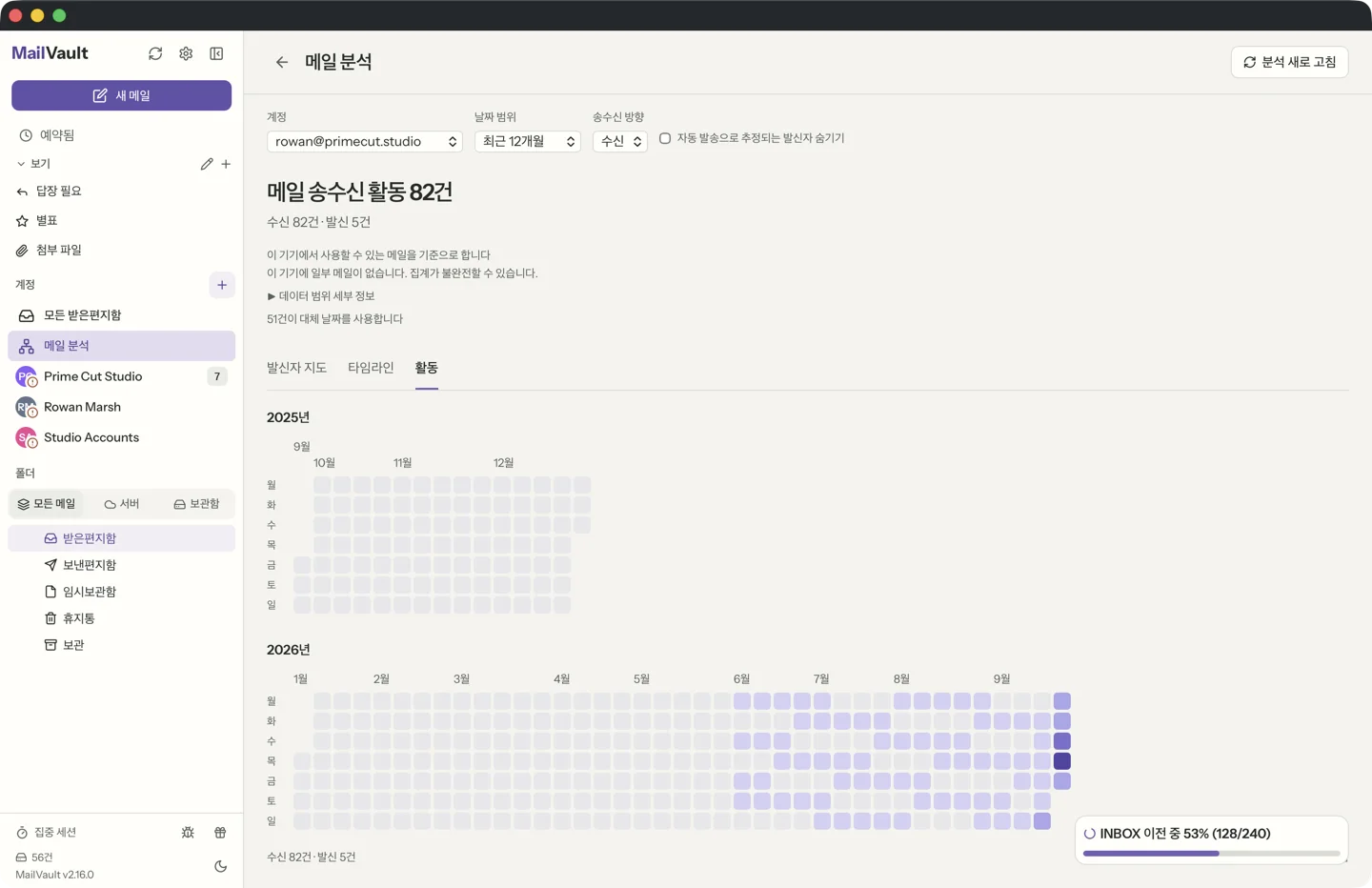 MailVault version 2.16.0 ko MailVault 메일 분석 활동 달력. 오간 메일 양에 따라 짙기가 달라지는 날짜 칸의 격자입니다 · MailVault version 2.16.0 ko