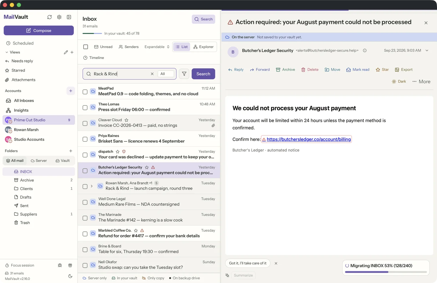 MailVault link safety detecting phishing links in spam emails with warning icons next to suspicious subjects