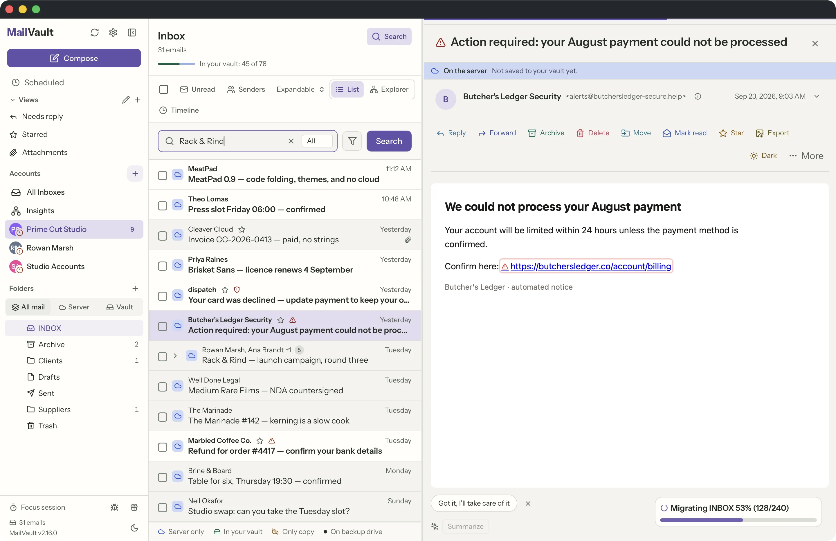 Link safety in the MailVault window