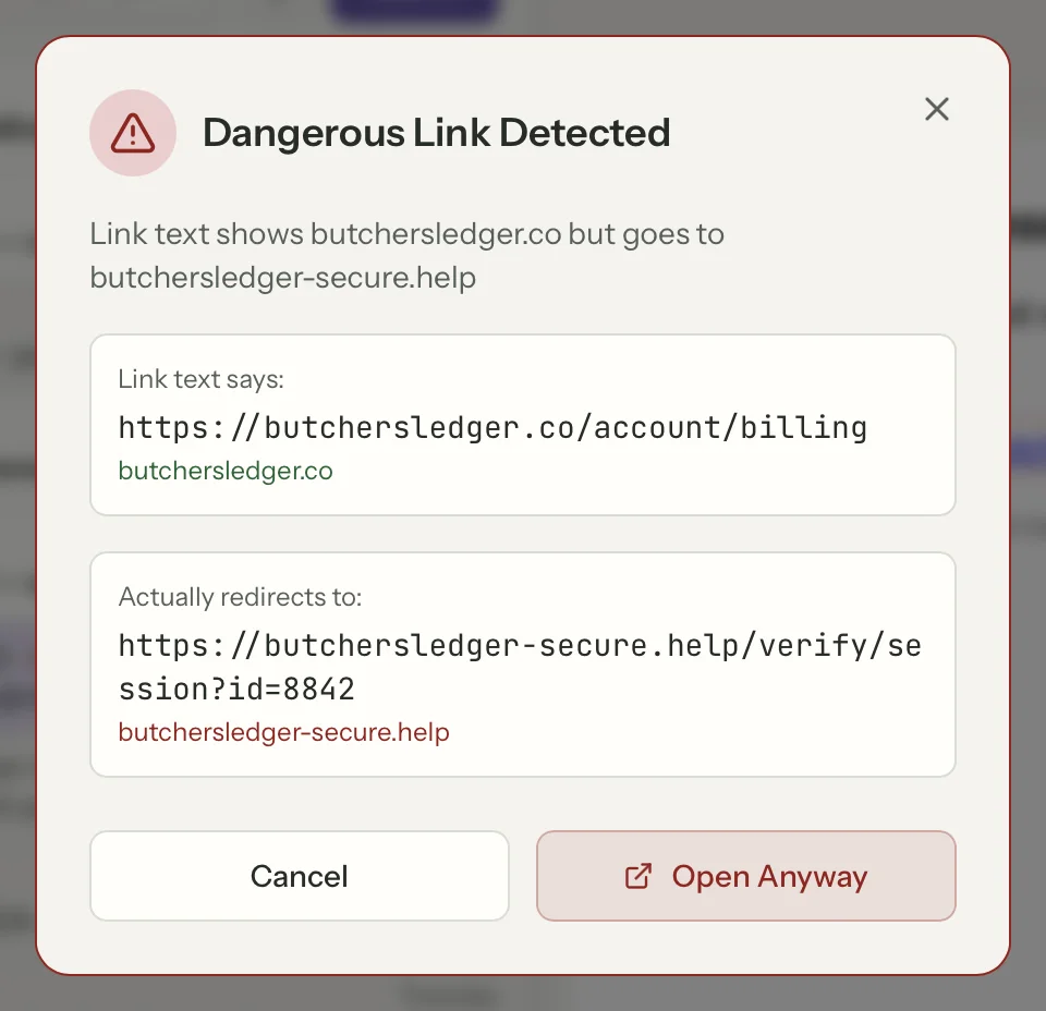 Link safety in MailVault, close up