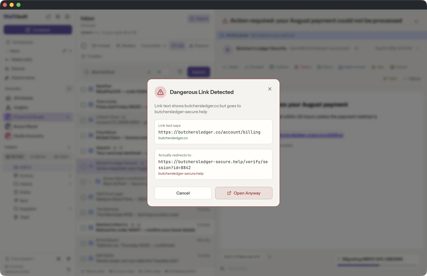 MailVault suspicious link modal showing link text vs actual redirect destination