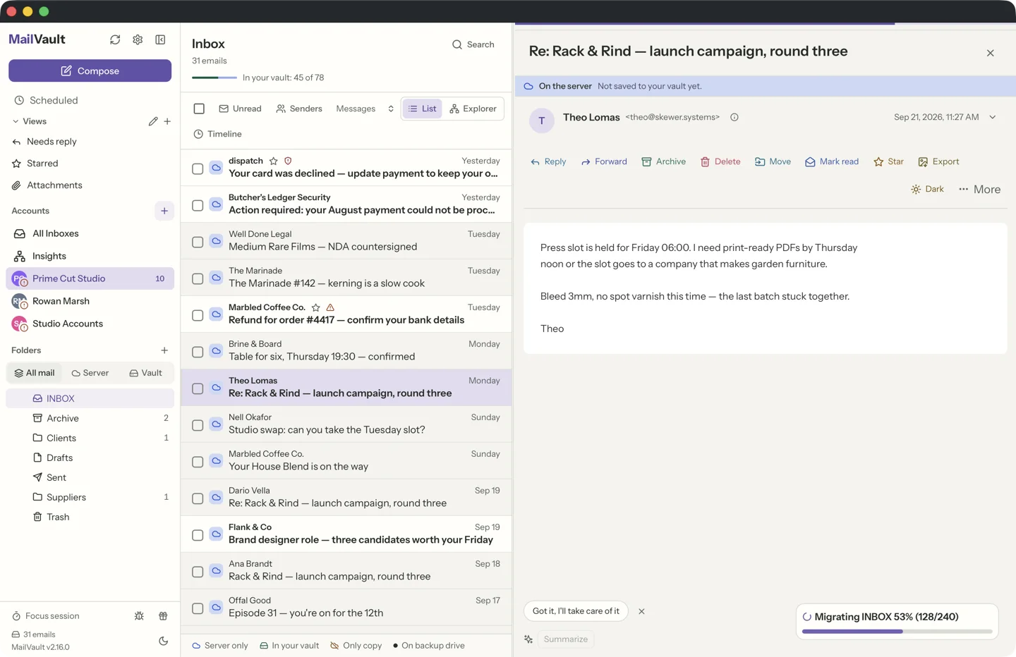 MailVault message list with the default highlighting: the open message carries a tinted band · MailVault version 2.16.0
