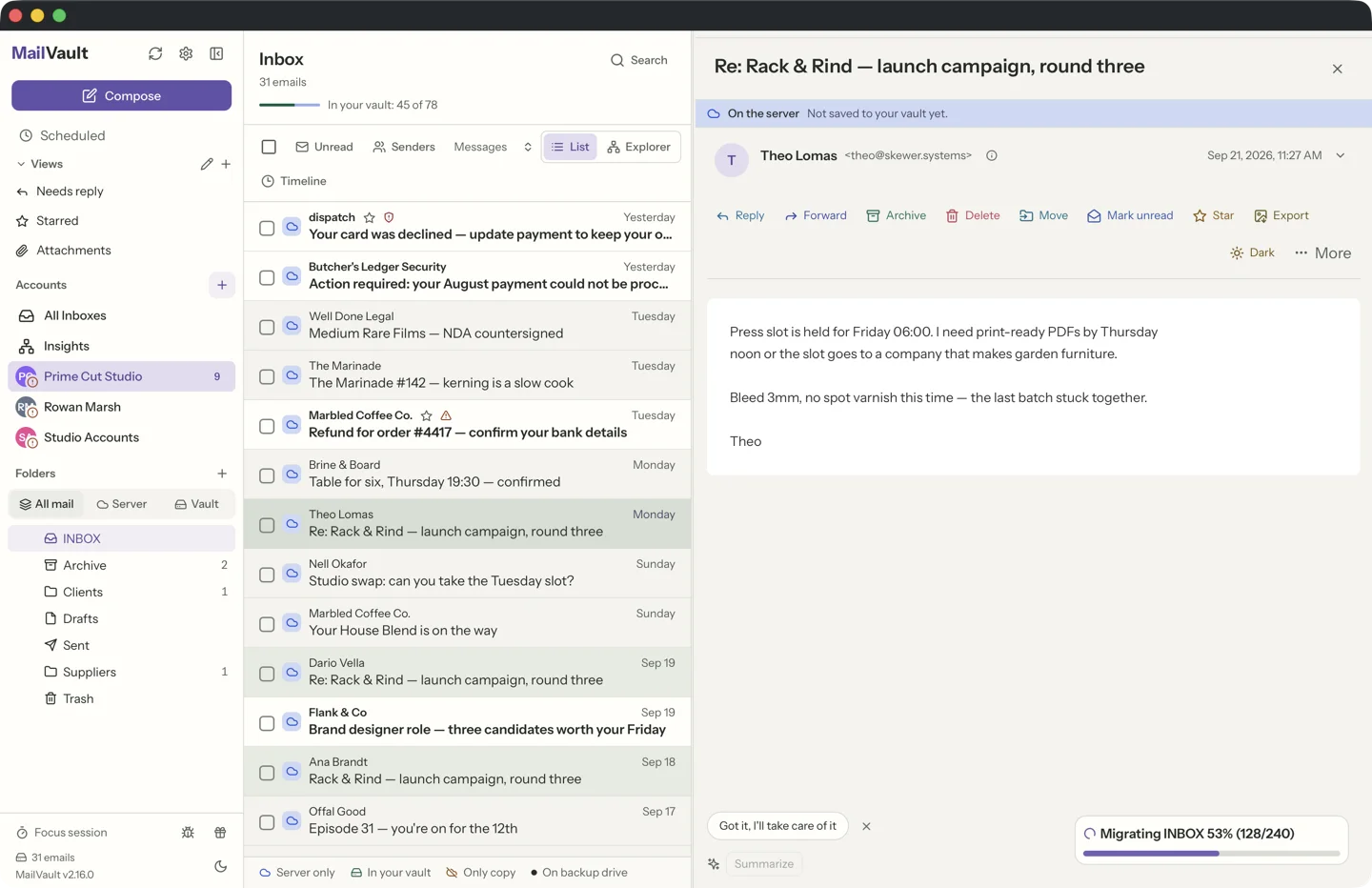 MailVault message list marking the open message in solid grey with the rest of its conversation a lighter grey · MailVault version 2.16.0