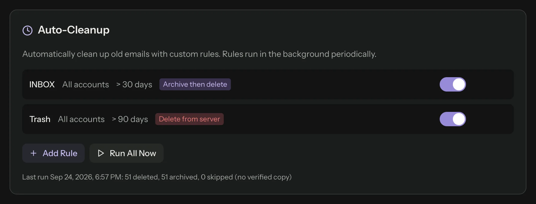 Auto-cleanup rules that archive old mail to the vault, then delete it from the server