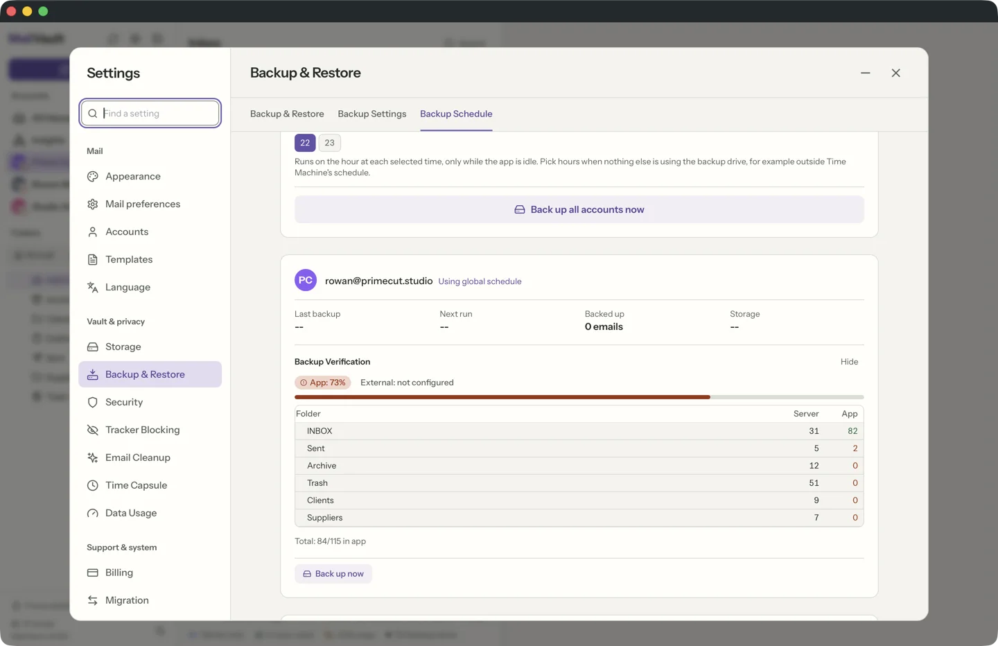 Backup health monitoring in MailVault
