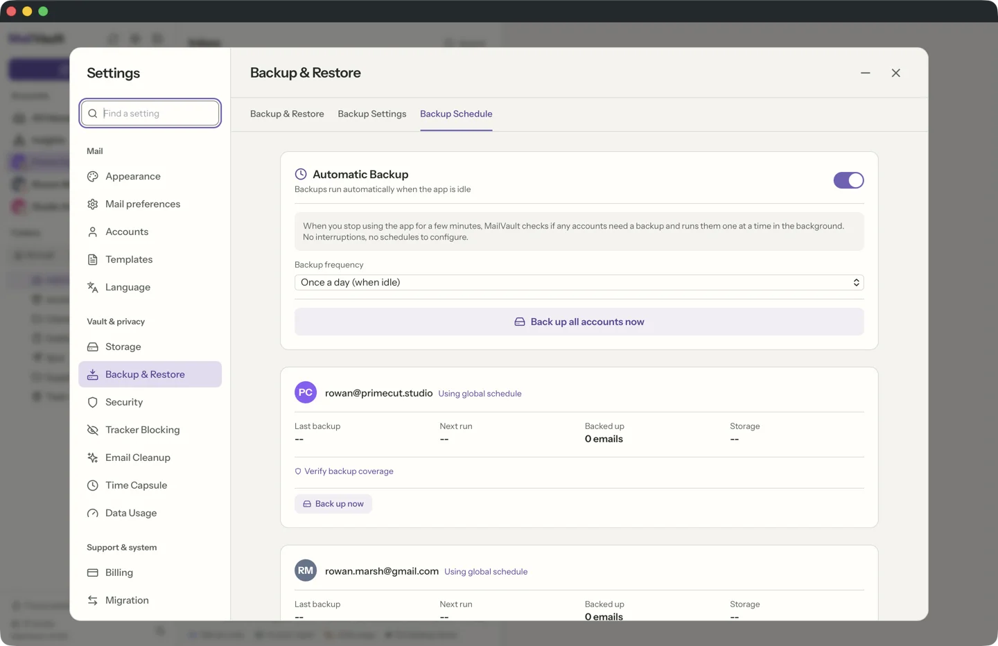 Scheduled automatic backups in MailVault