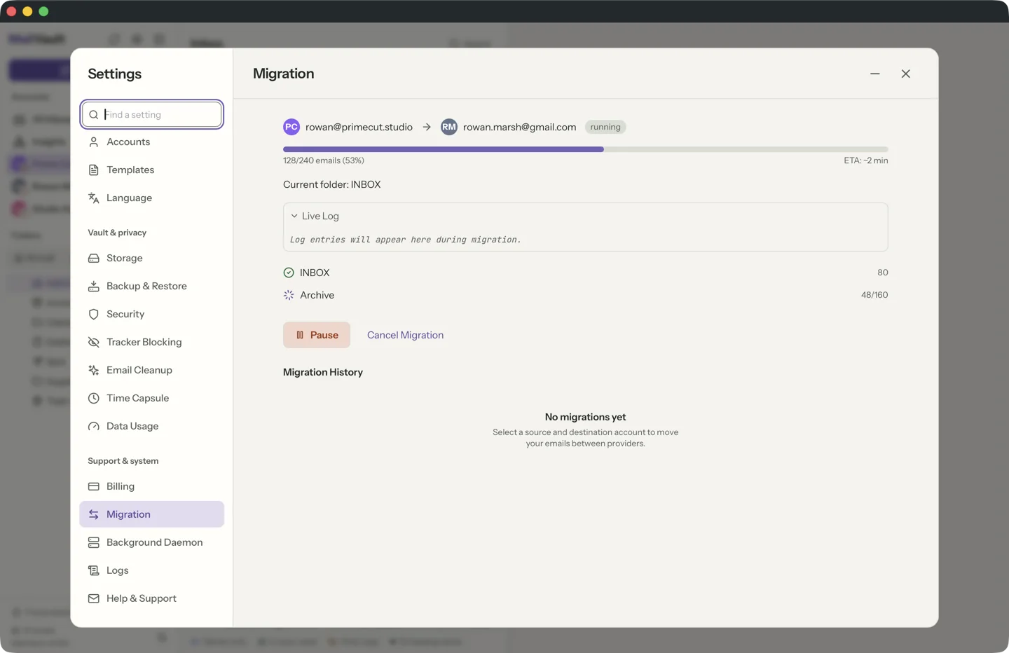 Mailbox migration in MailVault
