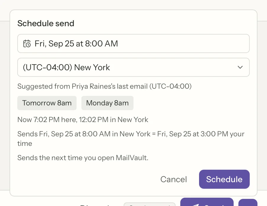 Scheduled Send in MailVault, close up