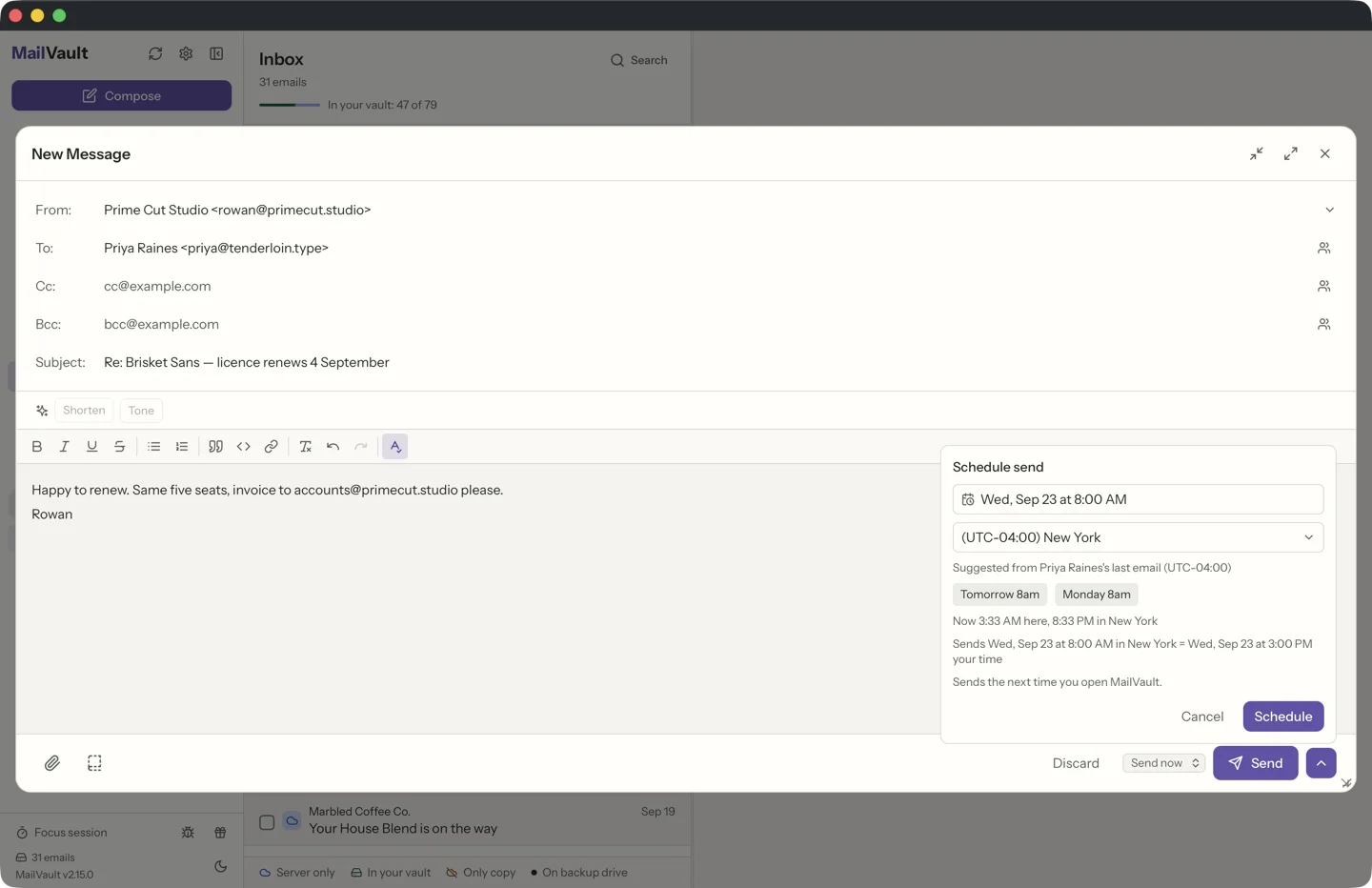 MailVault Compose with the Schedule send panel open: a reply set for 8:00 AM in New York, the time zone suggested from the recipient’s last email