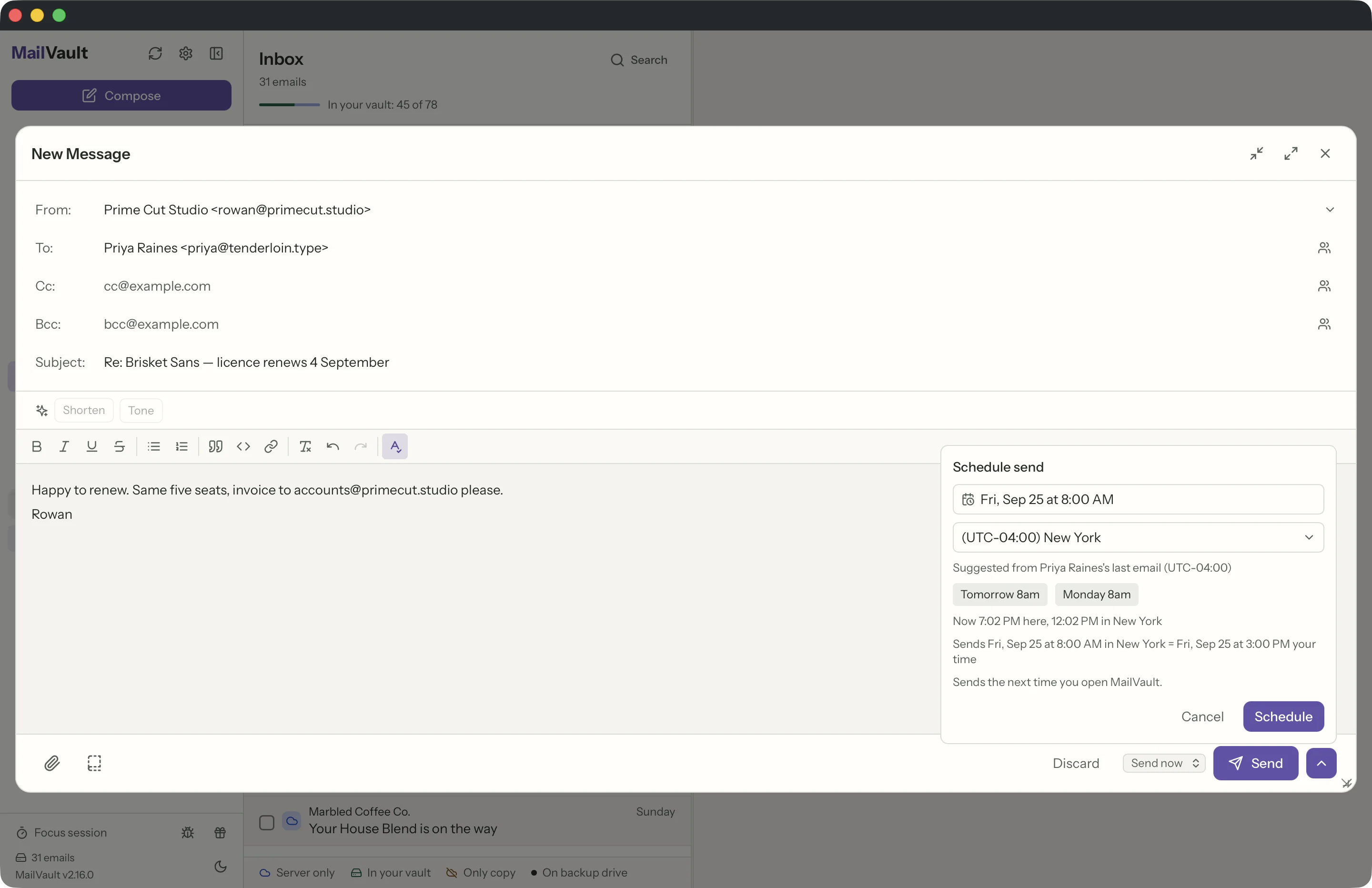 Scheduled Send in the MailVault window