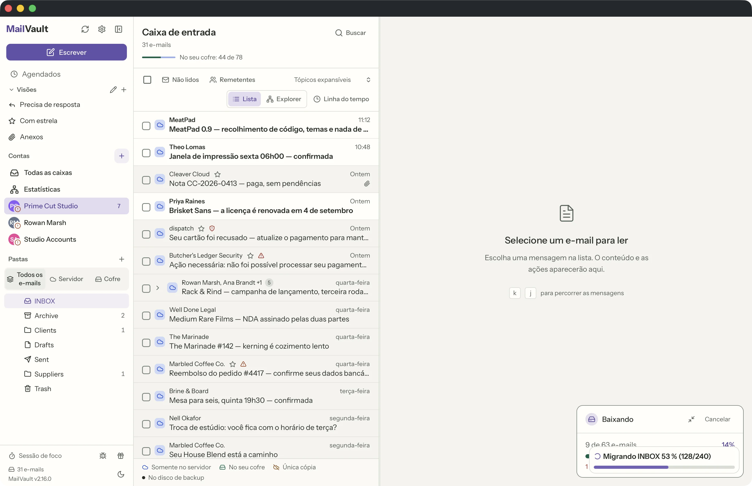 Backups manuais na janela do MailVault