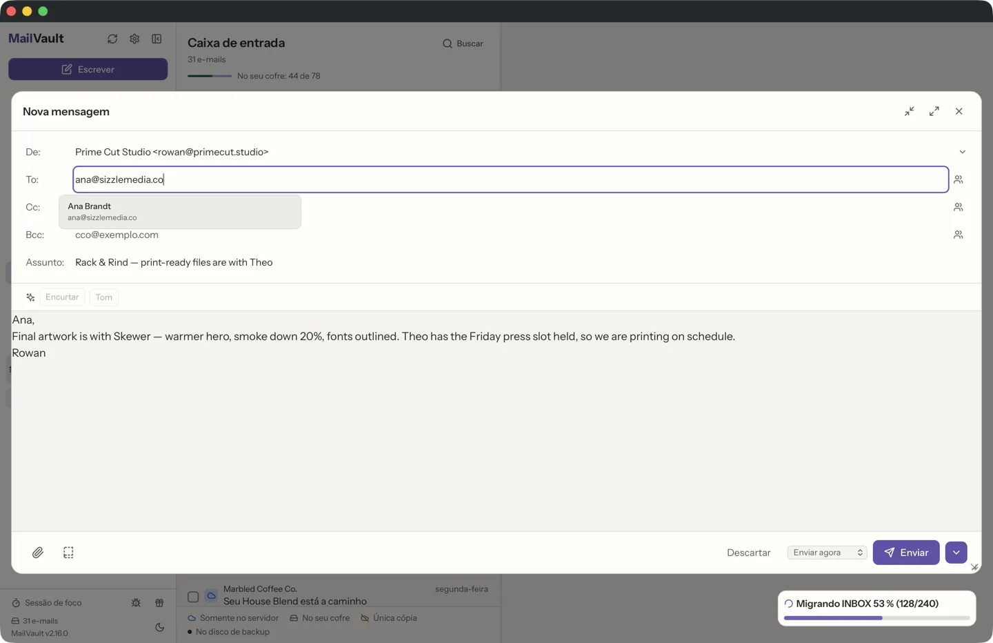 Janela de composição e resposta do MailVault com edição de texto formatado · MailVault version 2.16.0
