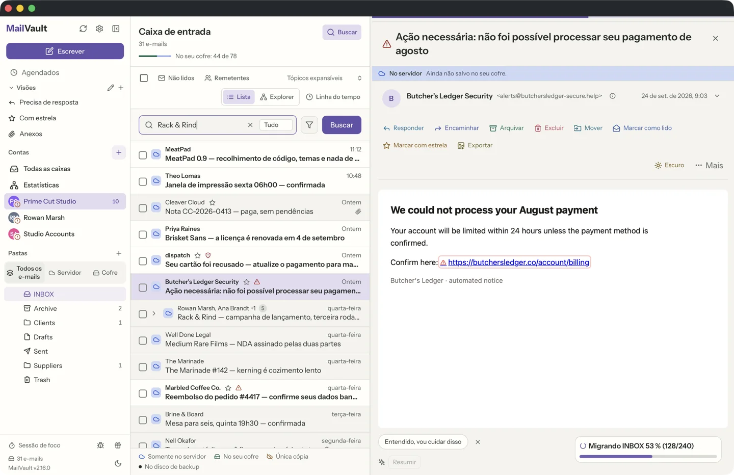 MailVault version 2.16.0 Segurança de links do MailVault detectando links de phishing em e-mails de spam, com ícones de aviso ao lado dos assuntos suspeitos · MailVault version 2.16.0