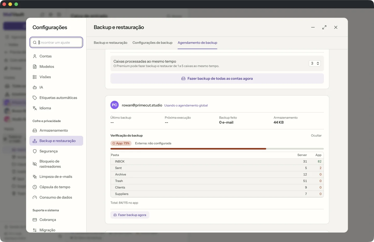 Monitoramento da integridade dos backups no MailVault · MailVault version 2.16.0
