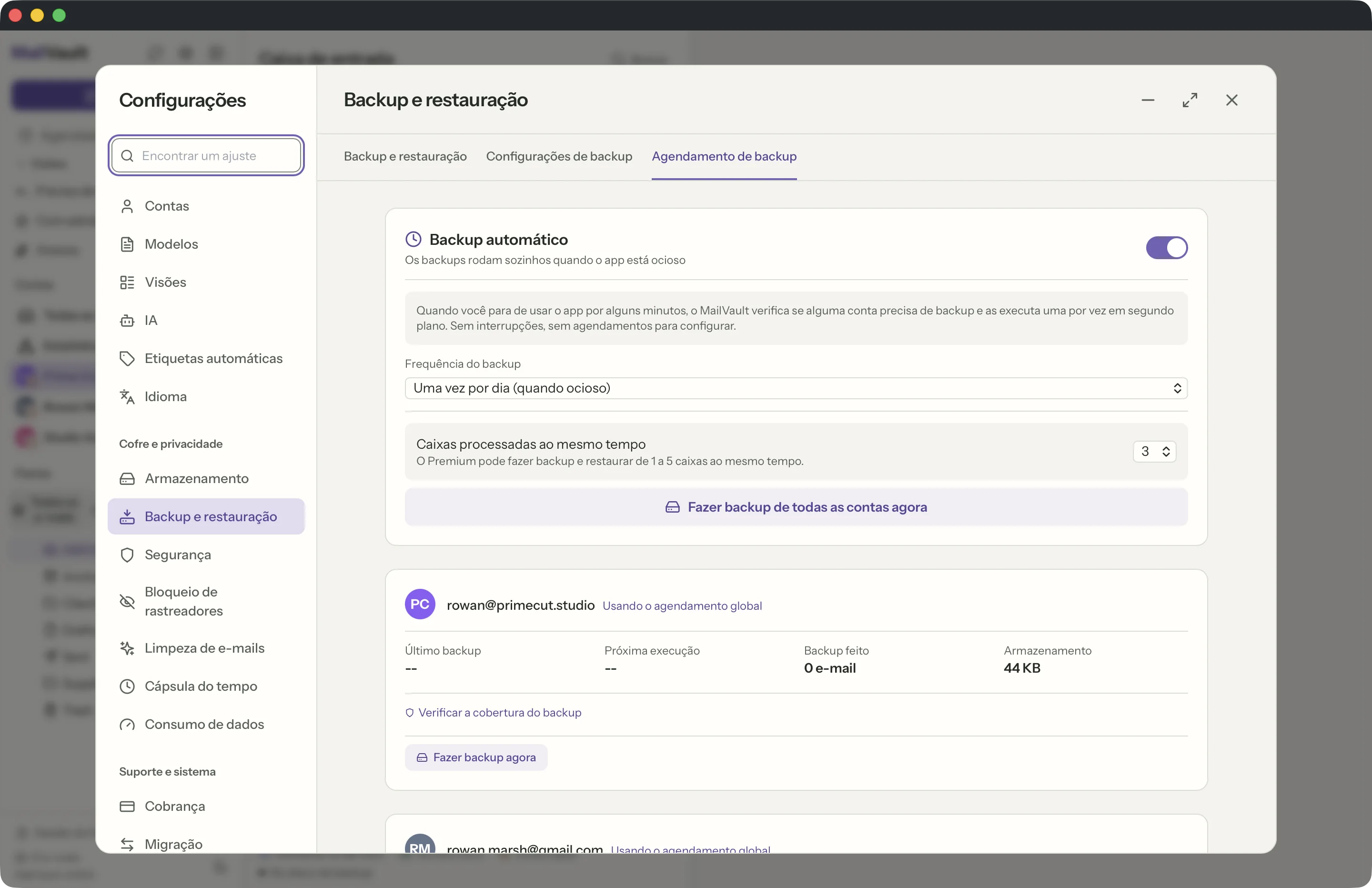 Backups agendados na janela do MailVault
