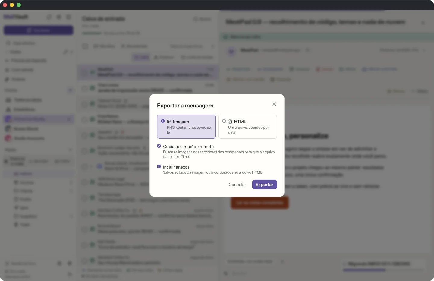 Exportar como imagem ou HTML no MailVault · MailVault version 2.16.0
