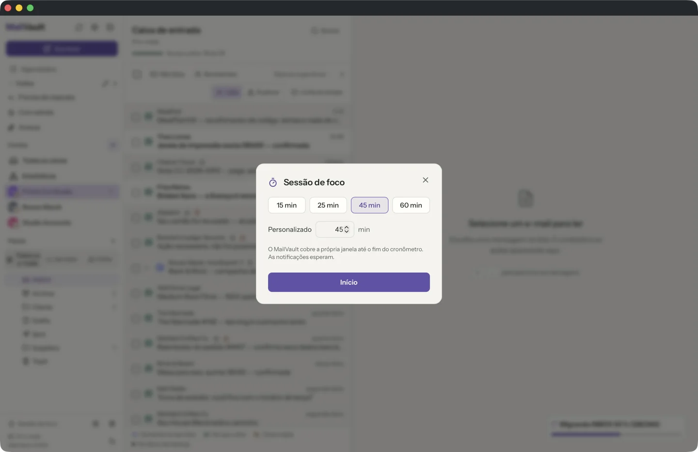 Sessões de foco no MailVault · MailVault version 2.16.0