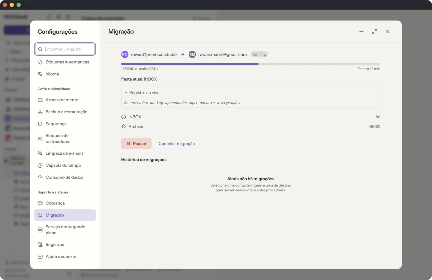 Migração de caixa de correio no MailVault · MailVault version 2.16.0