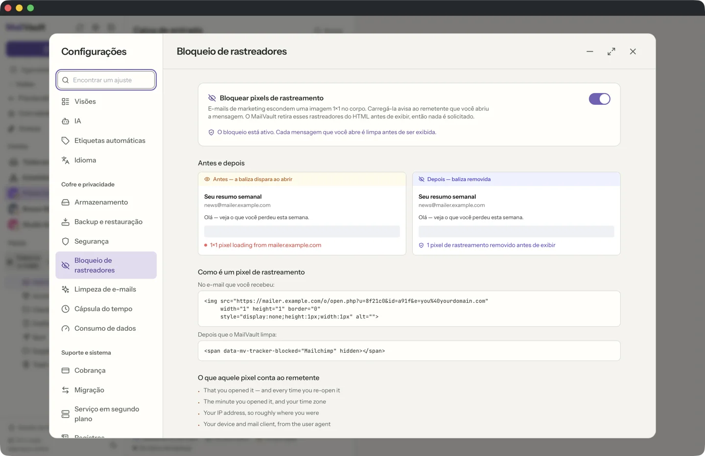 Remoção de rastreadores no MailVault · MailVault version 2.16.0
