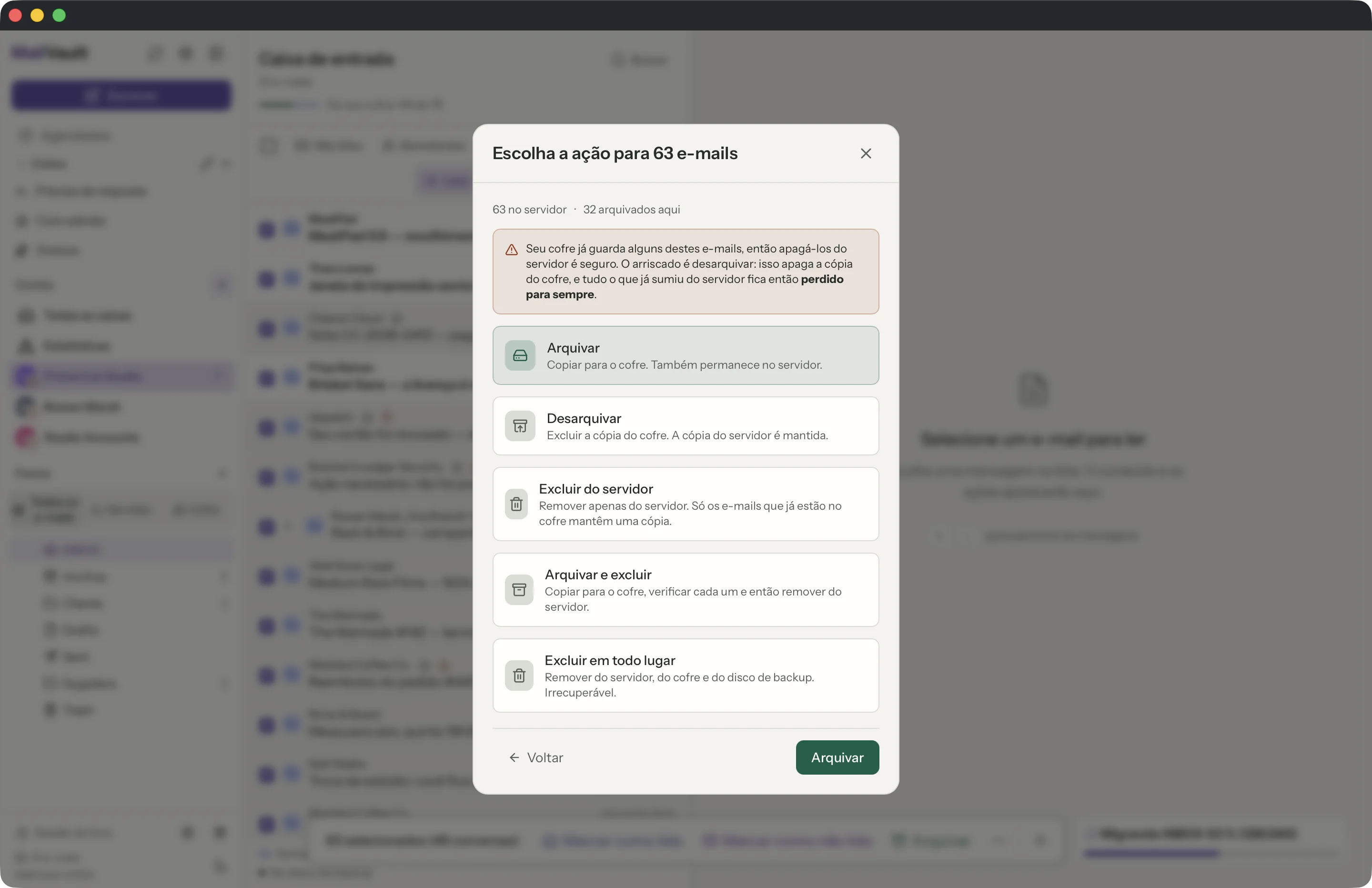 Arquivar e excluir na janela do MailVault