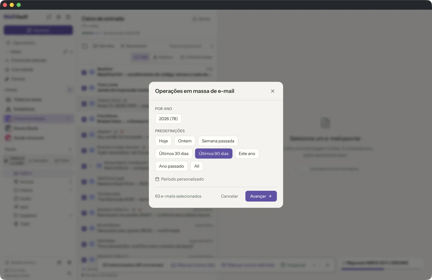 MailVault version 2.16.0 Caixa de seleção em massa do MailVault com seletor de período, atalhos por ano e botões de ação para arquivar, apagar ou arquivar e apagar · MailVault version 2.16.0
