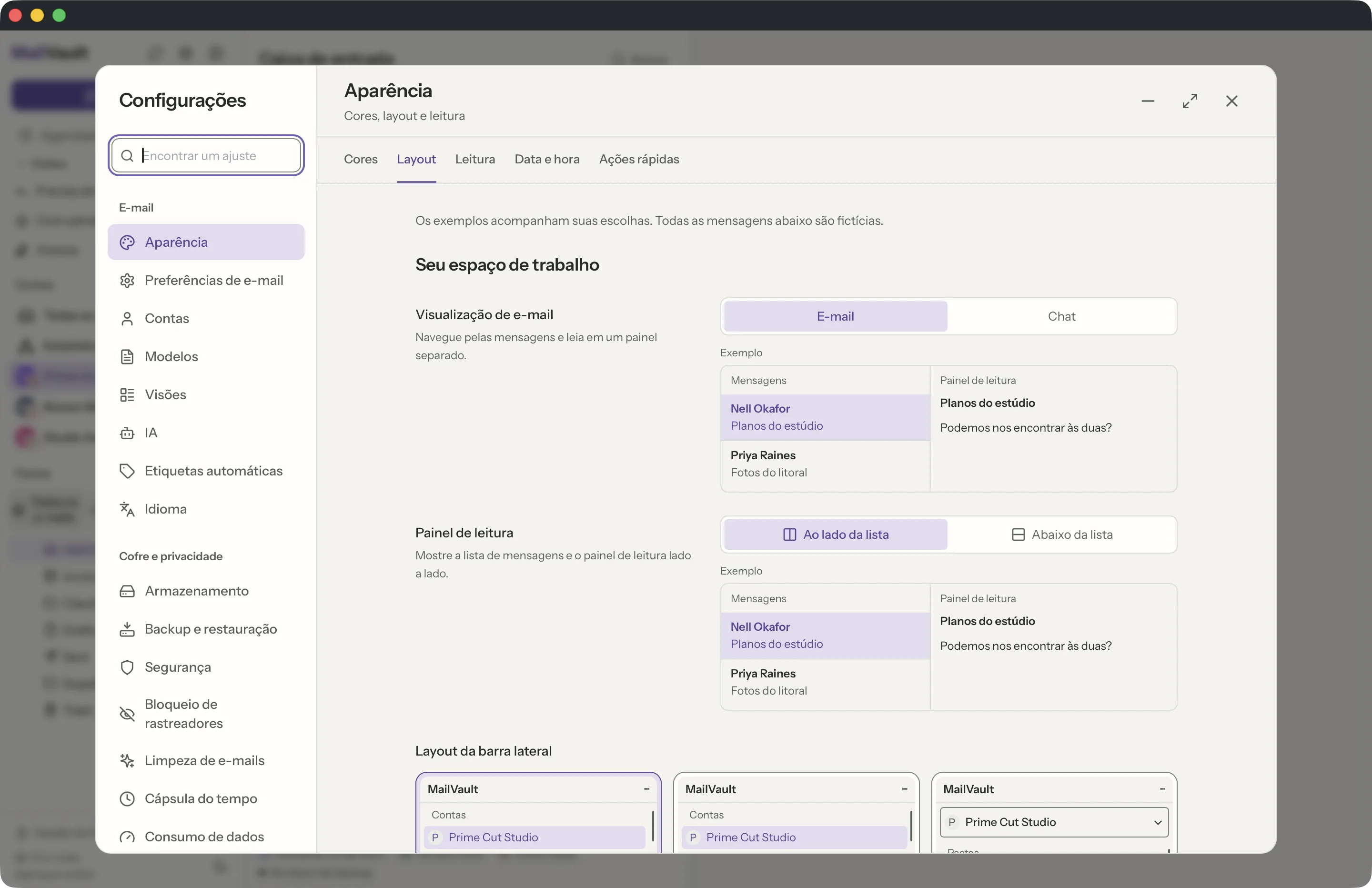 Layouts na janela do MailVault