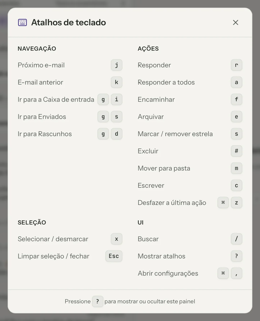 Atalhos de teclado no MailVault, em detalhe