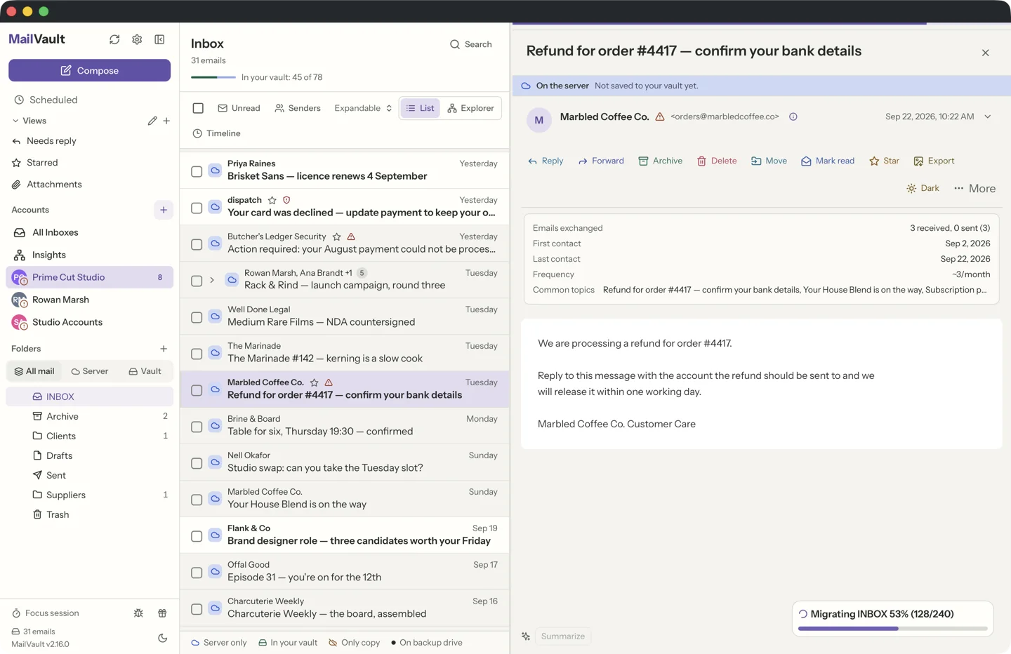 MailVault sender details popover showing Reply-To address differs from sender — phishing detection