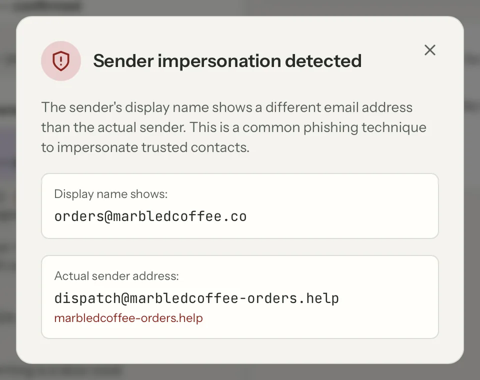 Sender verification in MailVault, close up