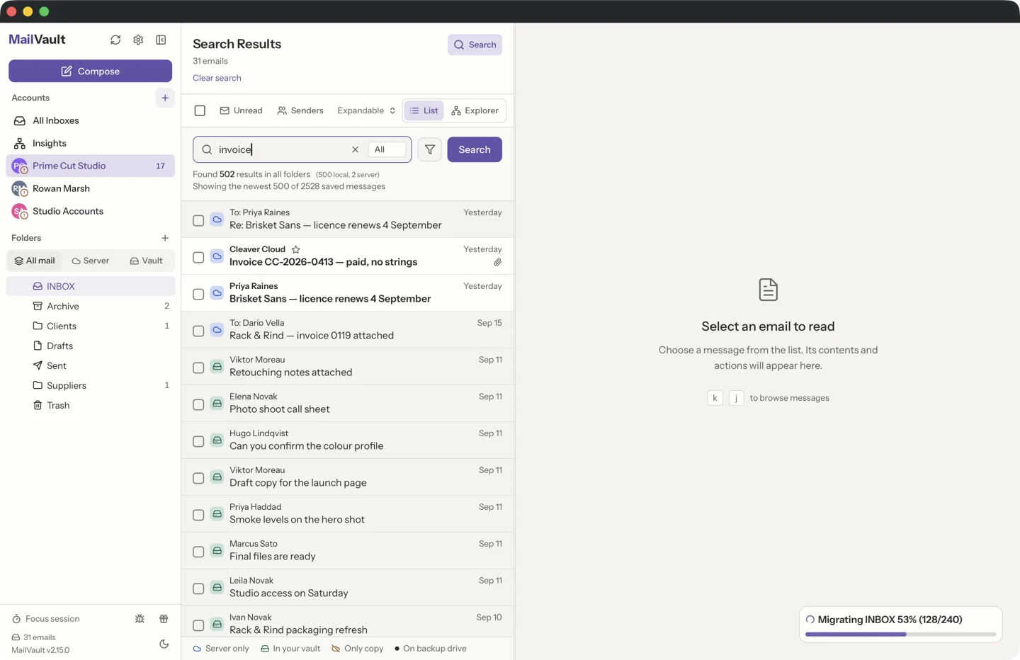 MailVault search results for the word invoice on a 50,000-message vault. Under the search box, the header says the list shows the newest 500 of about 2,500 saved matches in all folders, above a list of message rows.