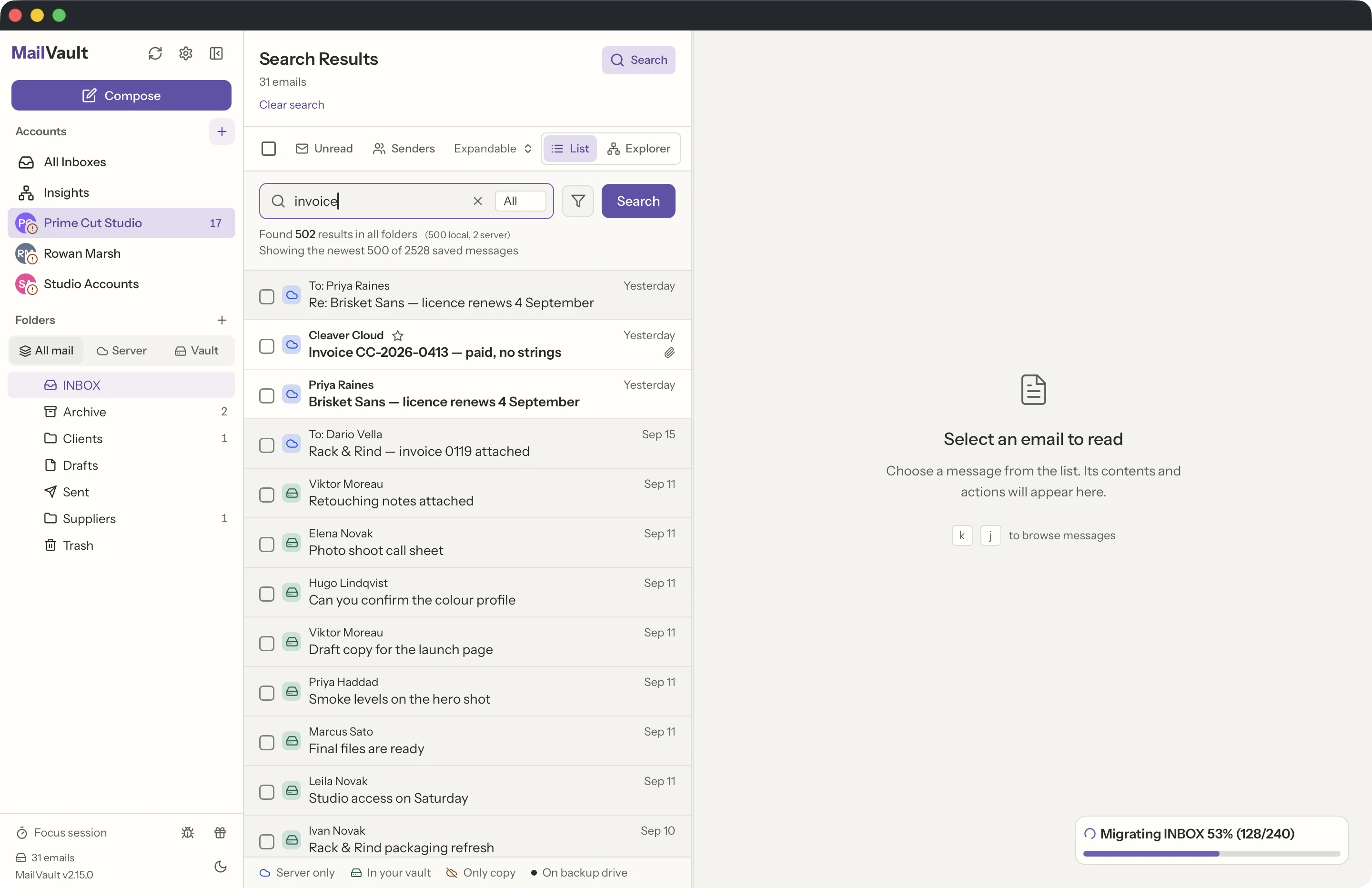 Search in the MailVault window