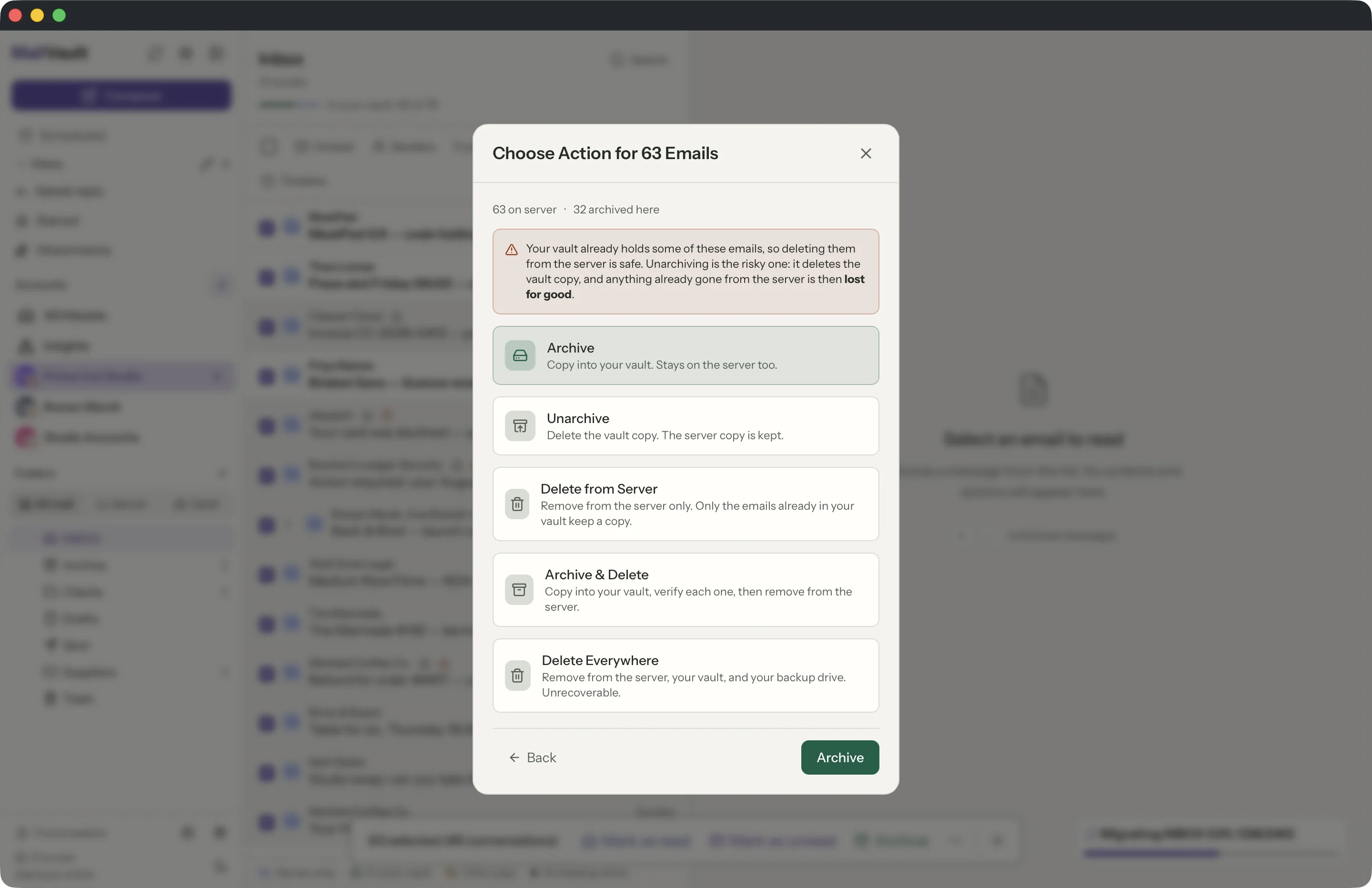 Archive & delete in the MailVault window
