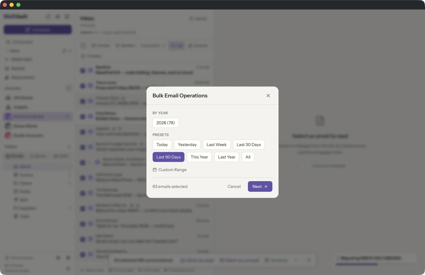 MailVault bulk selection dialog with date range picker, year shortcuts, and action buttons for archive, delete, or archive and delete