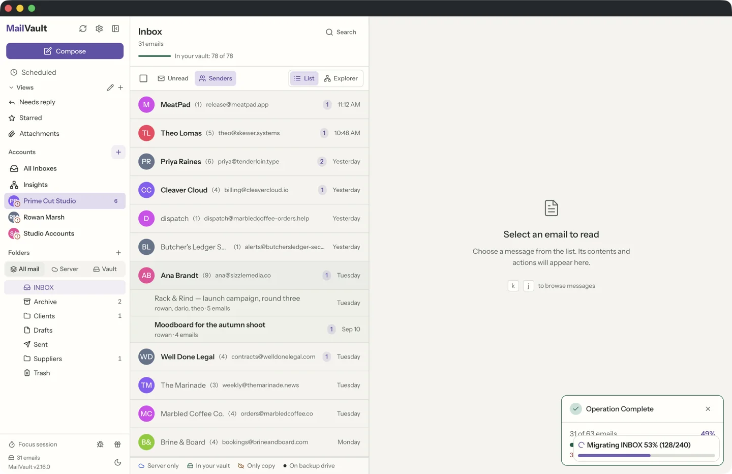 MailVault sender grouped view with expanded topic showing sent replies interleaved
