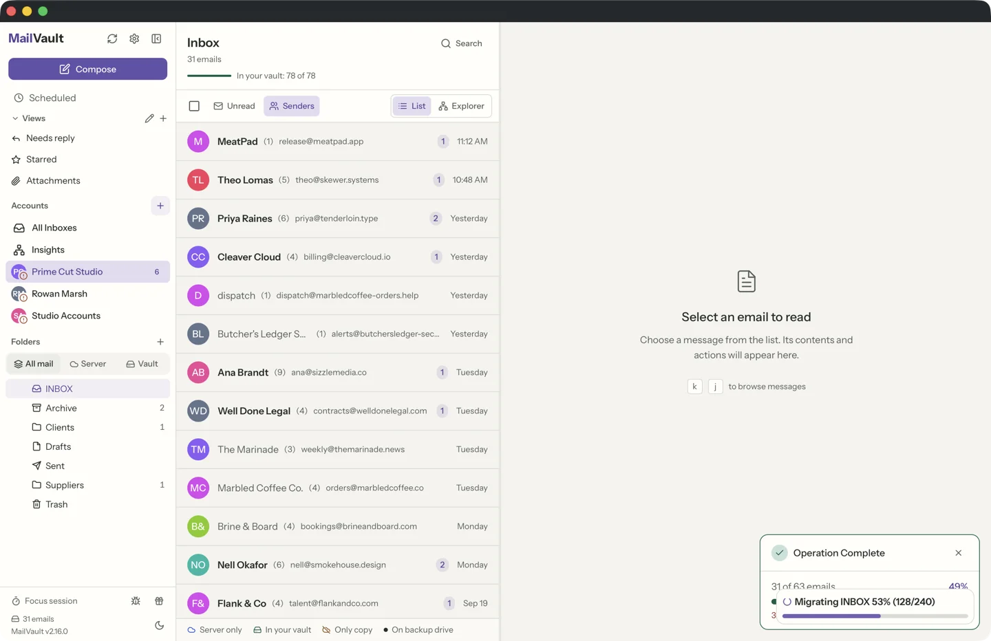 MailVault group by sender view showing emails organized by contact